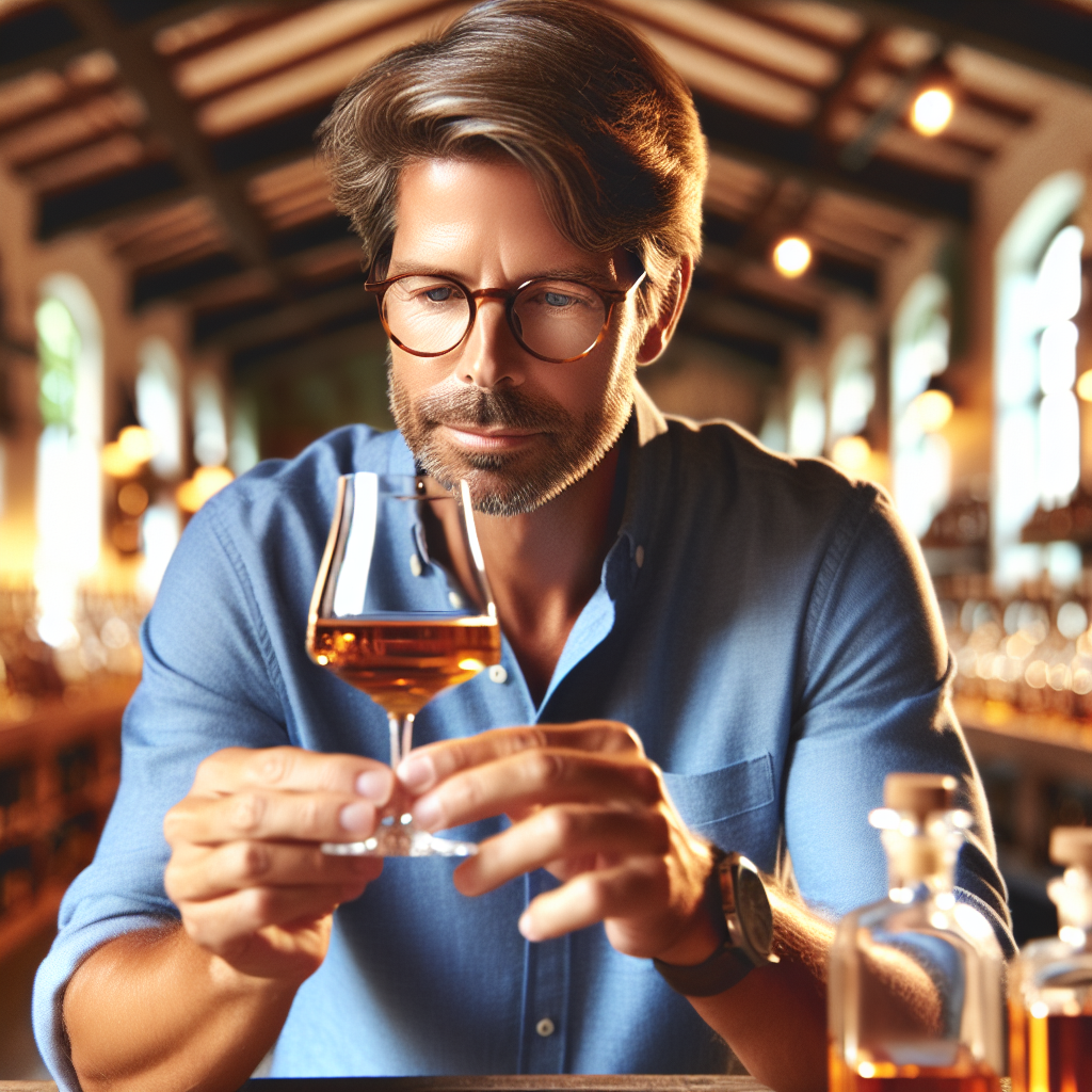A beverage expert tasting a drink in a cozy tasting room.