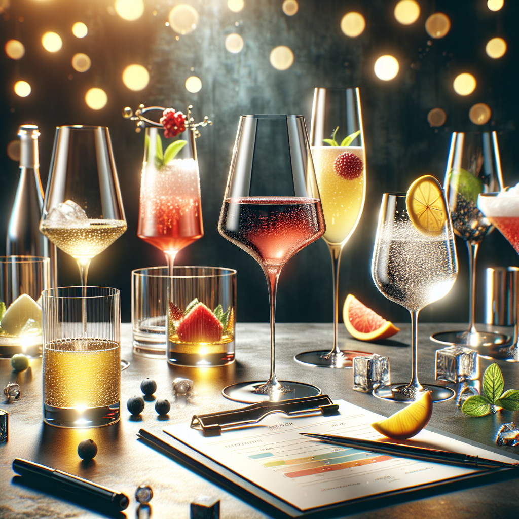 A sophisticated beverage tasting setting with various drinks in elegant glassware.