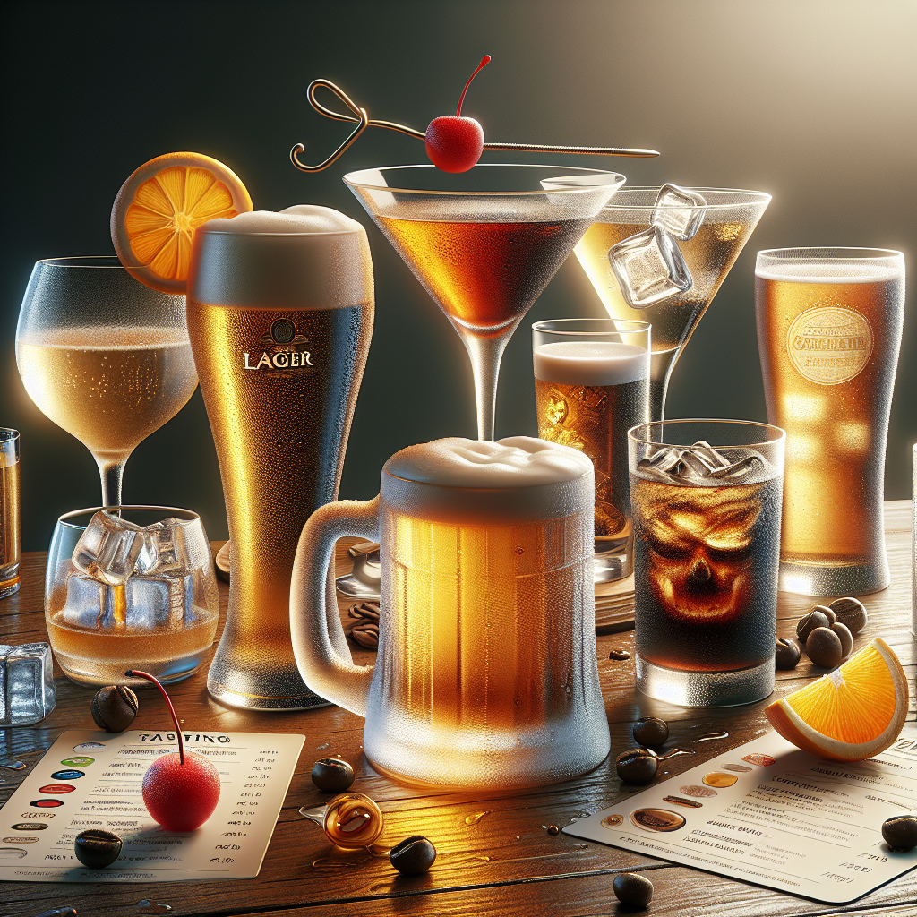 A collage of various beverages on a wooden table.
