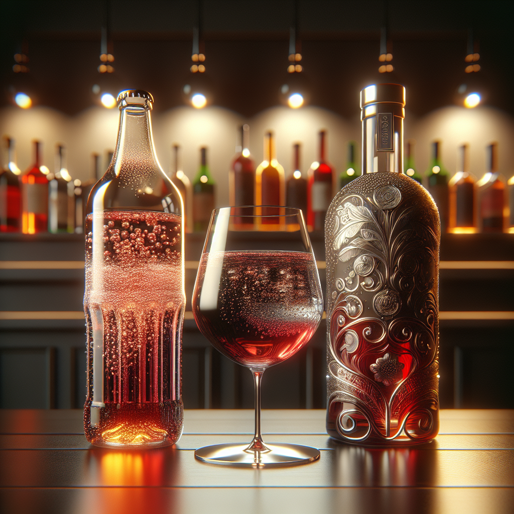 An array of drinks including sparkling soda, red wine, and artisan spirit on a wooden table.