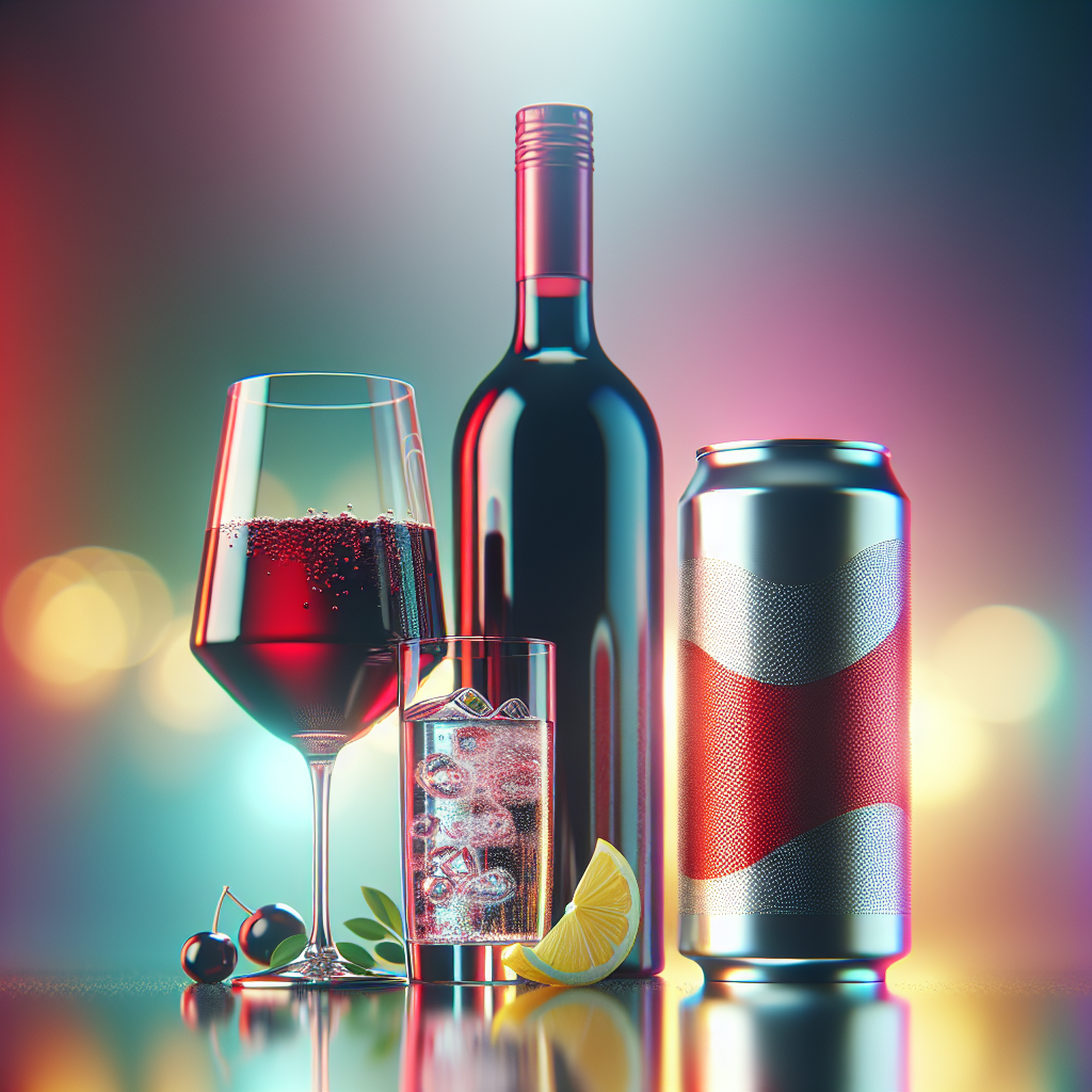 A variety of drink brands including a bottle of red wine, a soda can, and a glass of lemonade.