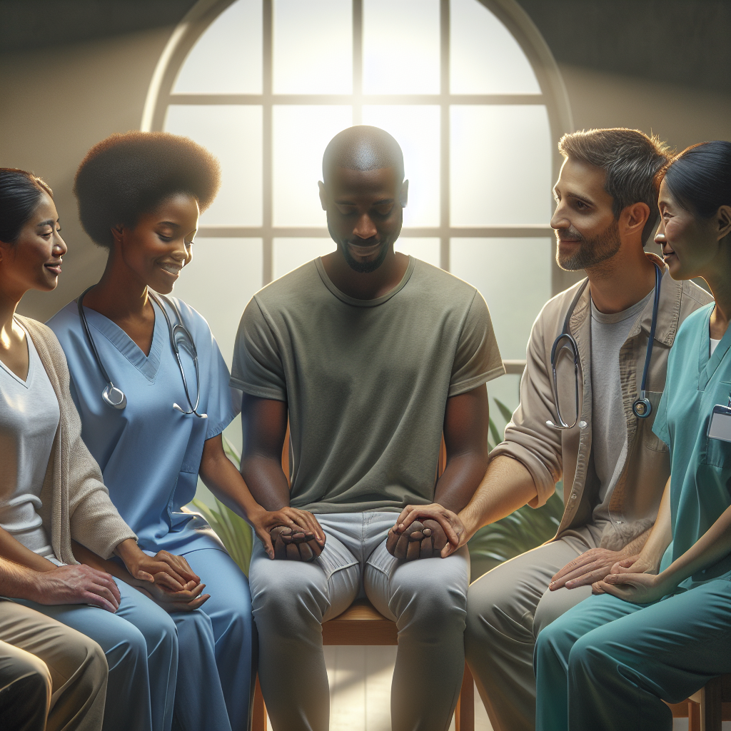 A comforting scene inside an inpatient mental health care facility with people supporting each other and elements representing New Jersey.