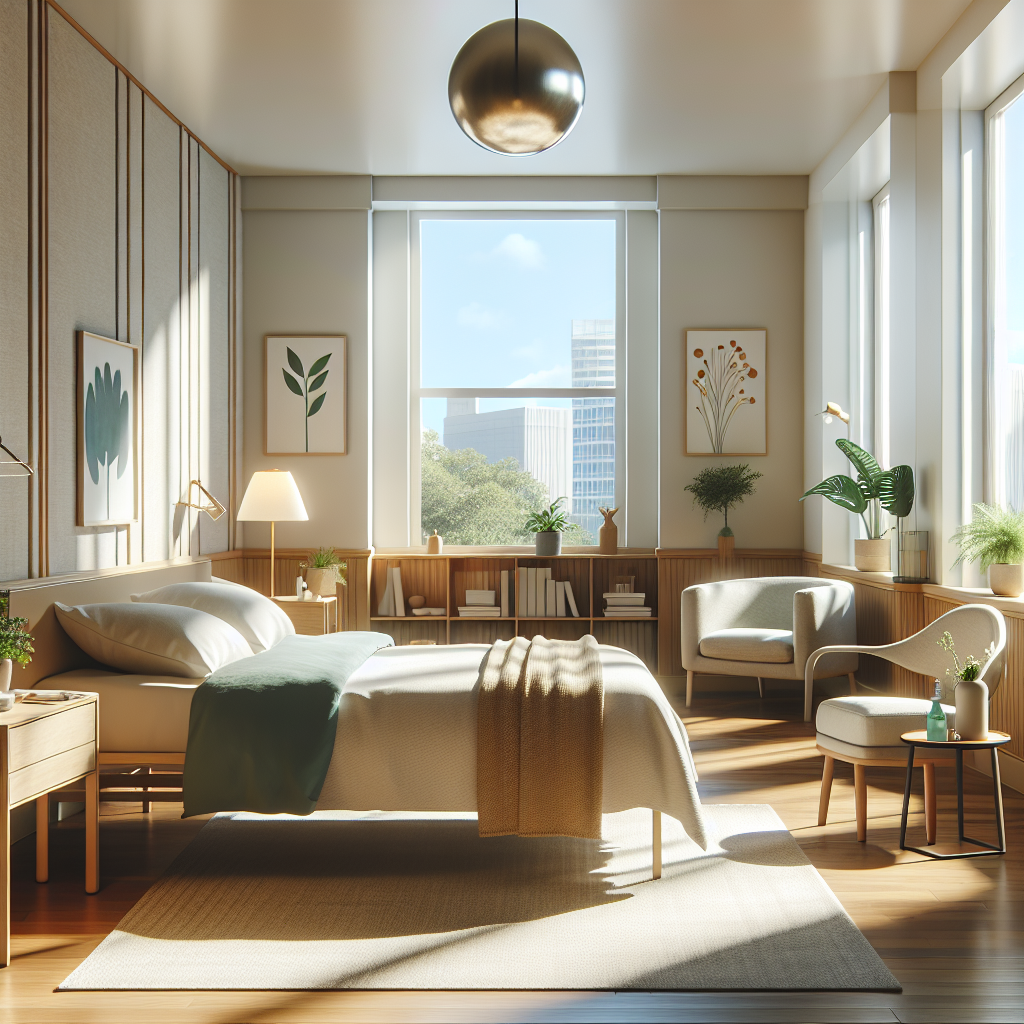 A realistic representation of a warm and inviting inpatient mental health care facility room with natural lighting and comforting decor, suggesting a focus on healing and well-being.