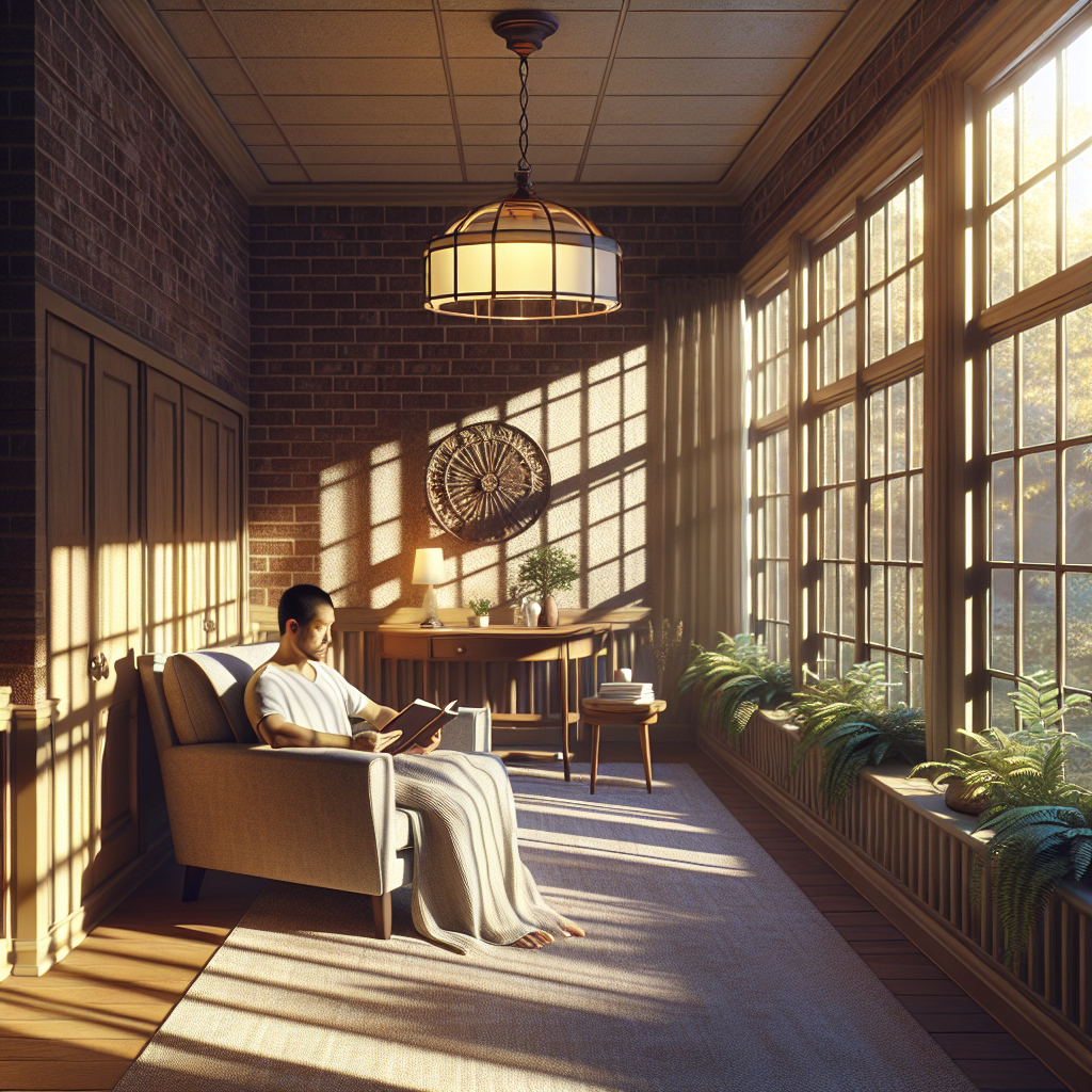 A peaceful scene inside a serene inpatient mental health care room with a person reading a book, large windows, and a calming view of nature outside, representing a healing environment in New Jersey.