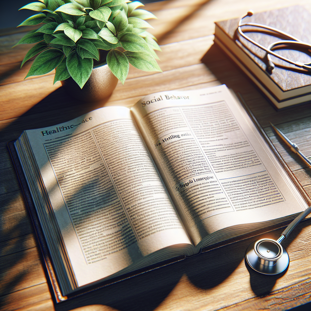 An open scholarly journal on a desk, accompanied by a stethoscope and a potted plant, within a professional workspace lit by natural light.