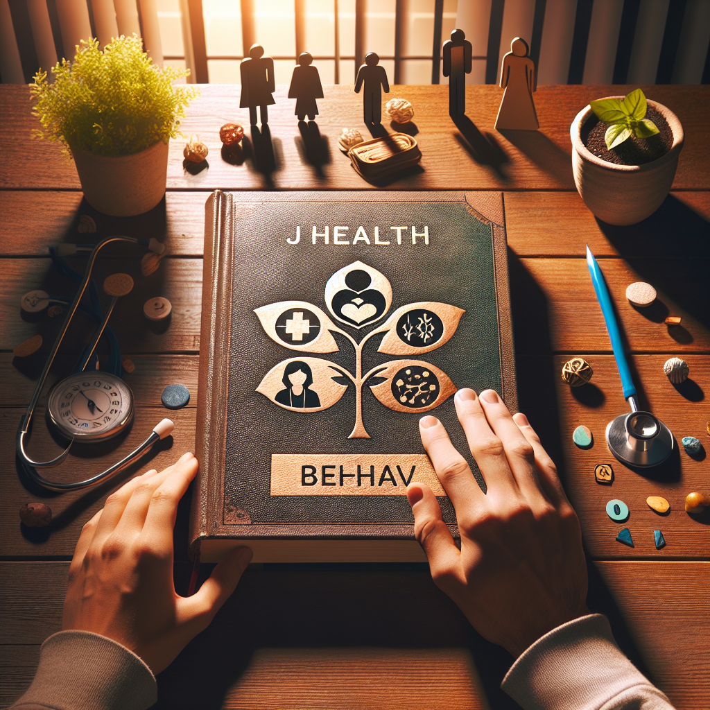 An open 'J Health Soc Behav' journal on a wooden desk with symbolic elements of mental health support and social behavior, including a supportive hand, a group of people, a calm nature view, a stethoscope, and a potted plant.