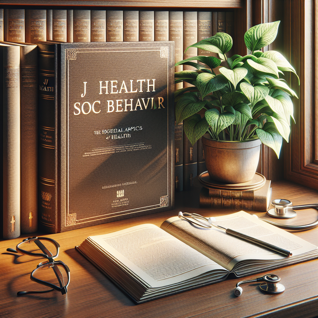 A realistic image showing an open journal, stethoscope, plant, and glasses on a wooden desk, representing 'J Health Soc Behav'.