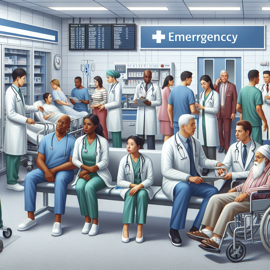 An image depicting a mental health emergency room with medical staff and patients.