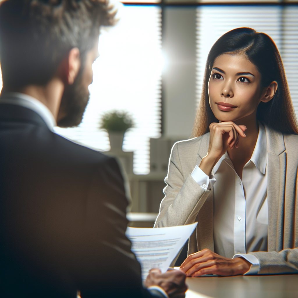 A job interview scenario with a reflective candidate answering questions and an attentive interviewer in a professional setting.