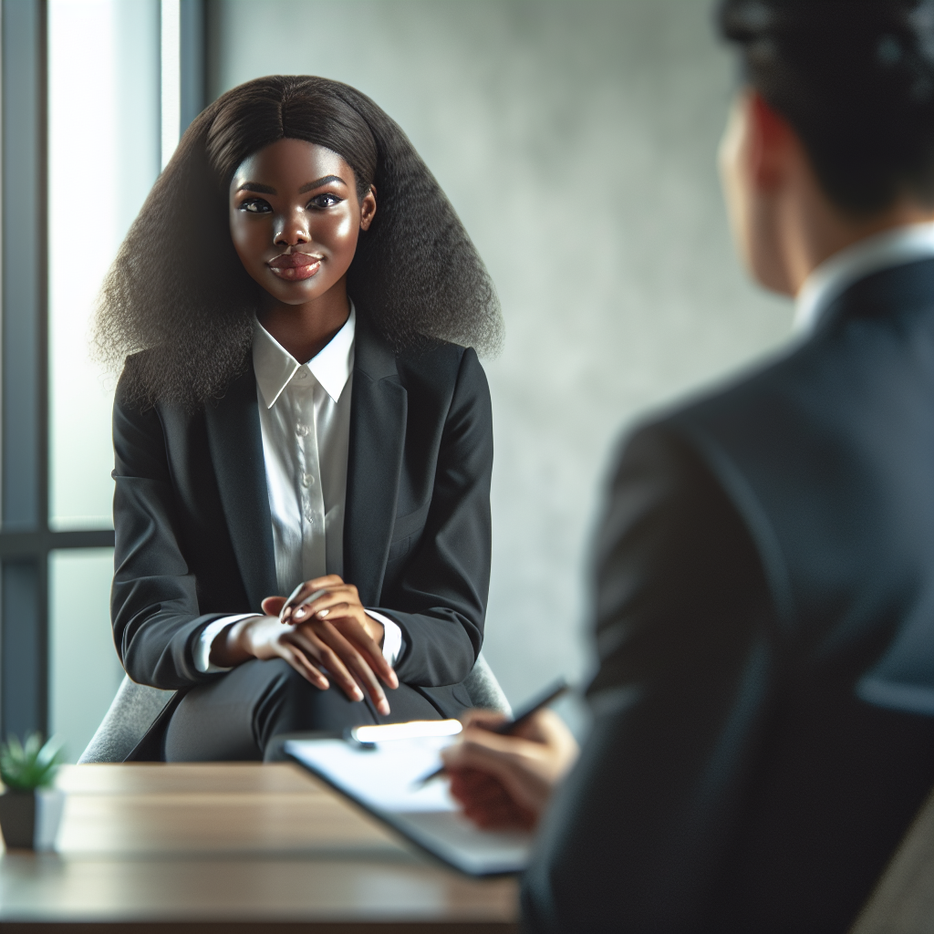 A reflective applicant in an interview with a focused interviewer.