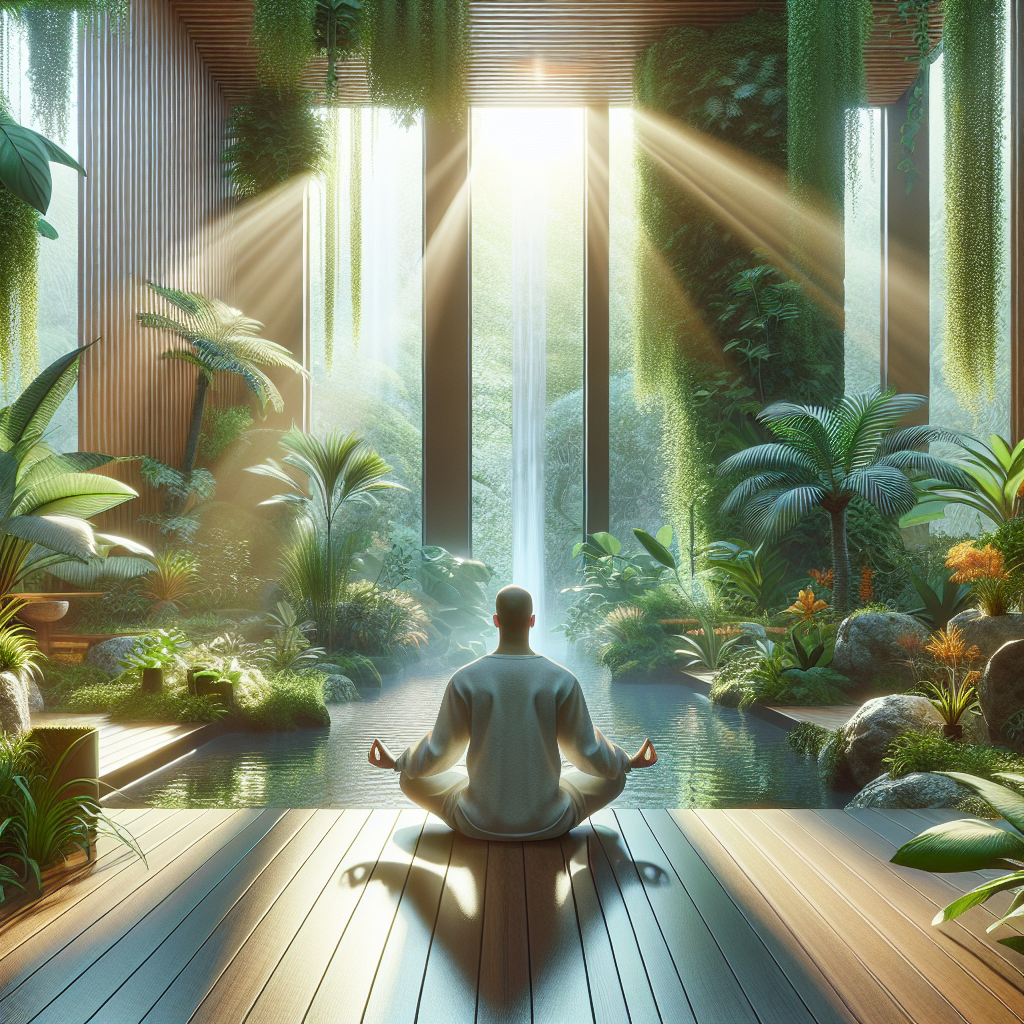 A serene mental wellness indoor environment with an individual meditating among plants and water features.