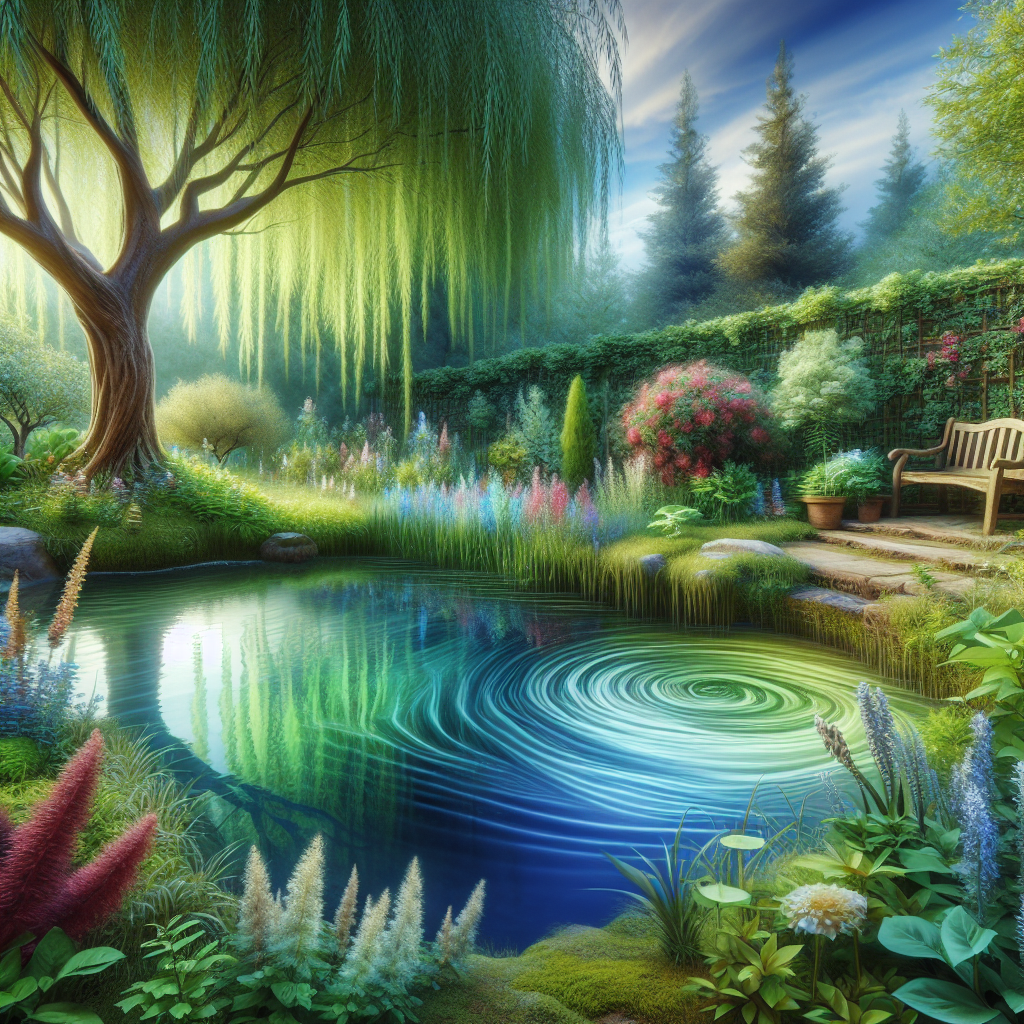A serene garden scene representing mental tranquility with a pond, wooden bench, and a variety of flowers, resembling the harmony in mental wellness.