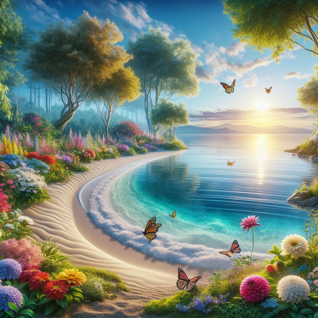 A serene garden or a calm beach symbolizing mental tranquility.