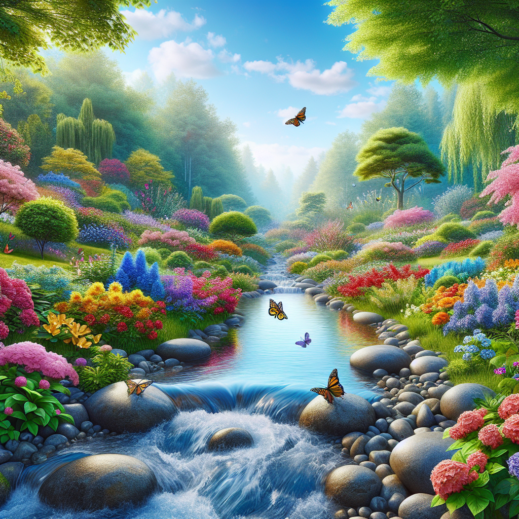 Image of a tranquil garden with a stream and blooming flowers representing reflection and mental wellness.
