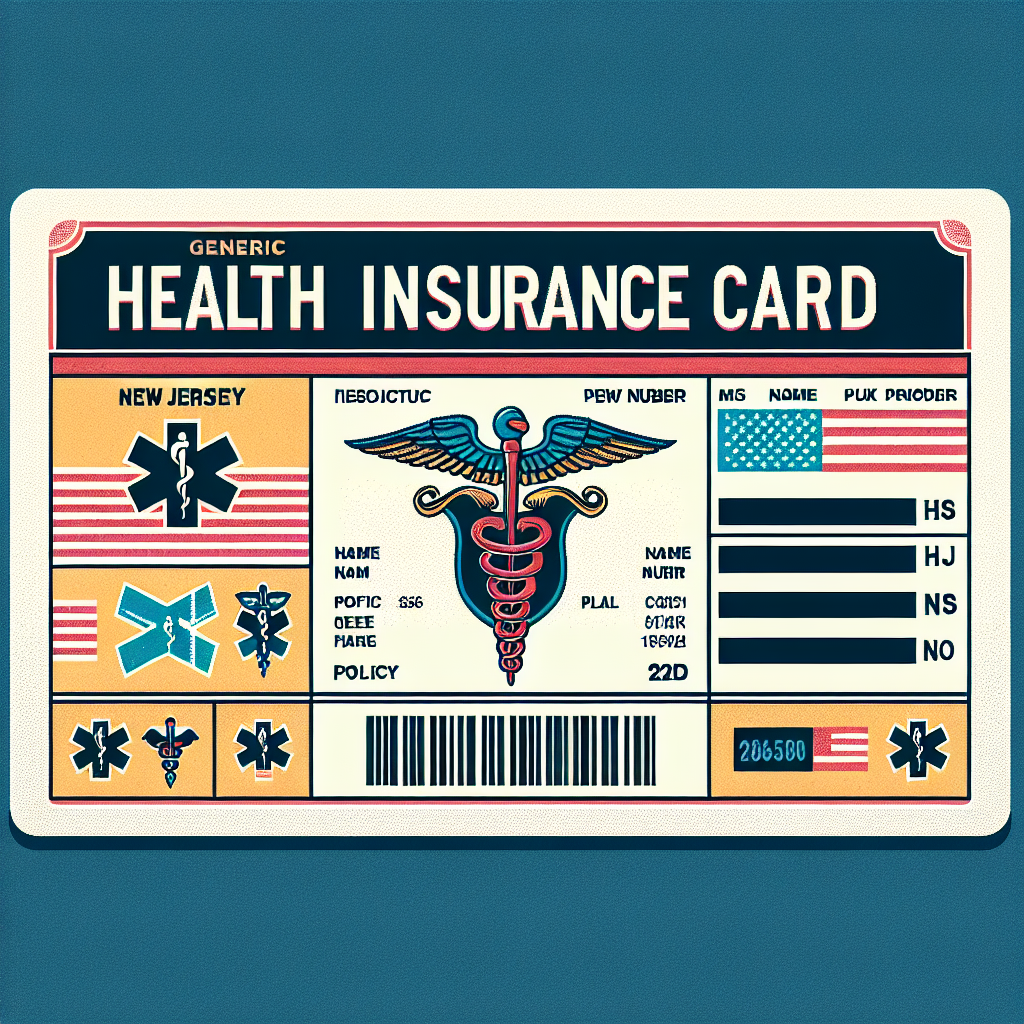 A realistic, illustrative health insurance card for New Jersey featuring state symbol and a healthcare emblem.