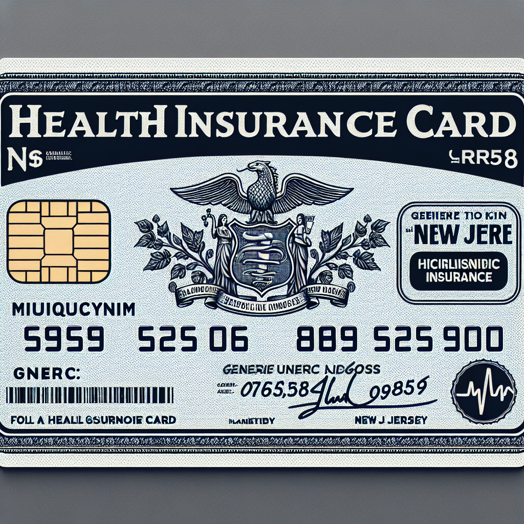 A realistic image of a New Jersey health insurance card with a magnetic strip, policy number, and mock personal details.