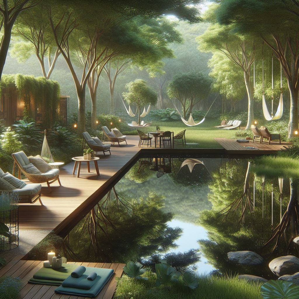 A tranquil outdoor setting with lush greenery, a calm pond, and comfortable seating areas for a mental health retreat.