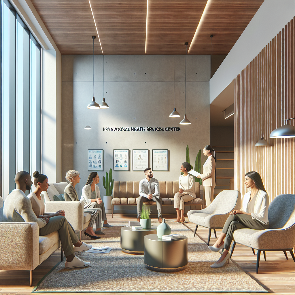 A realistic depiction of a behavioral health services center with friendly interaction and serene atmosphere.