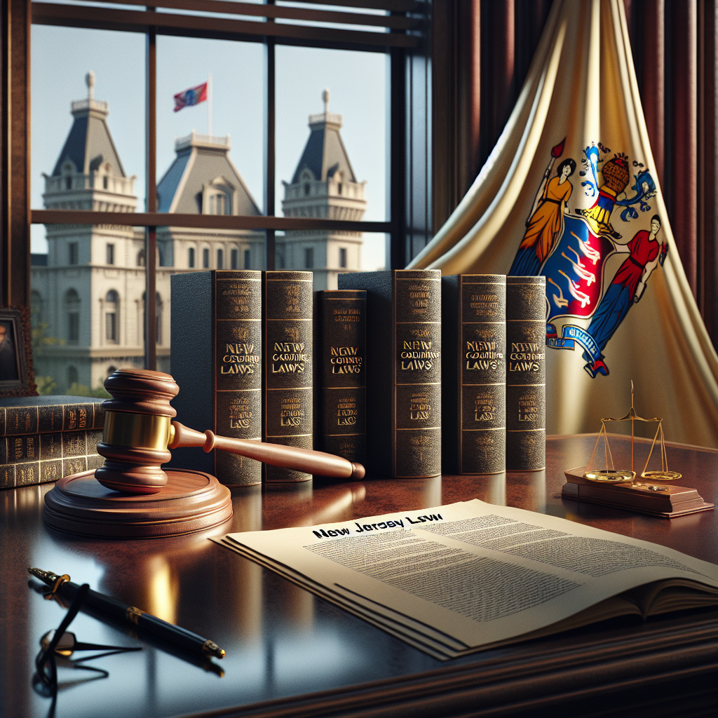 Realistic image representing New Jersey counseling laws with legislative documents, legal books, and a gavel on a polished wooden desk.