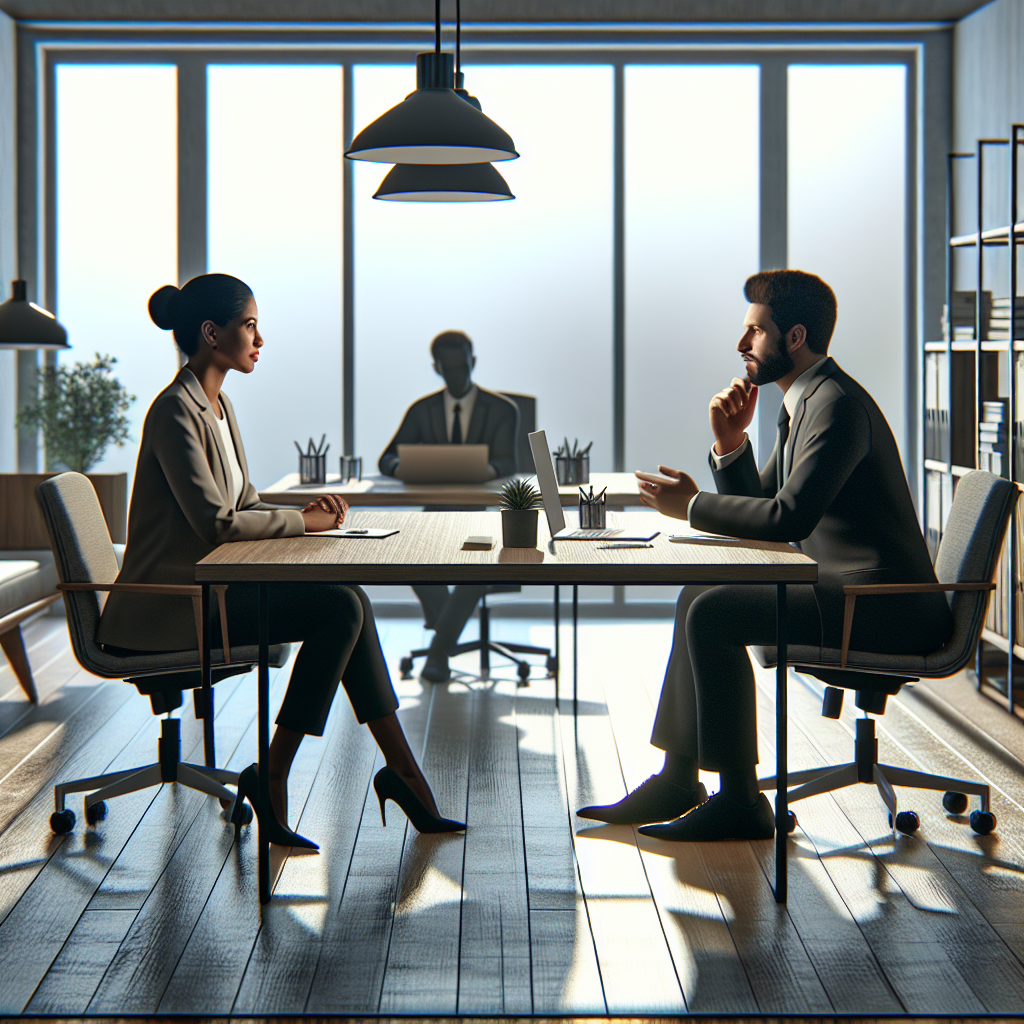 A realistic office setting with two people in a behavioral interview.