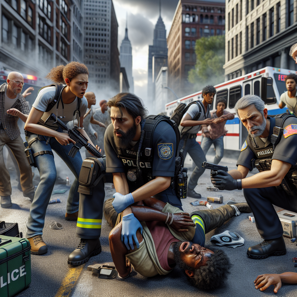 Realistic depiction of a behavioral emergency scene with emergency responders attending to an agitated individual in an urban setting.