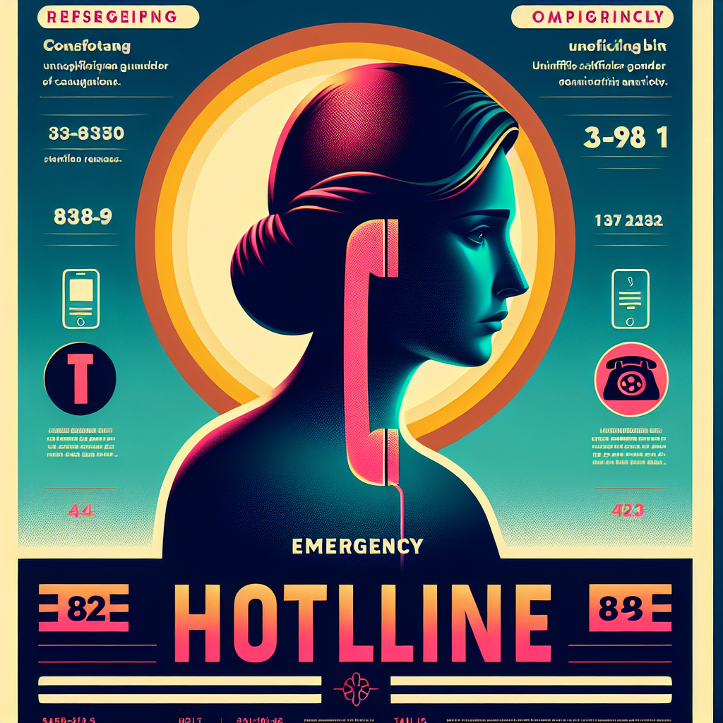 A realistic emergency hotline poster with a prominent hotline number and comforting elements.