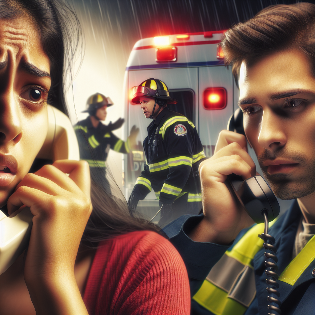 A realistic depiction of an emergency hotline situation with a concerned person speaking to a supportive operator.