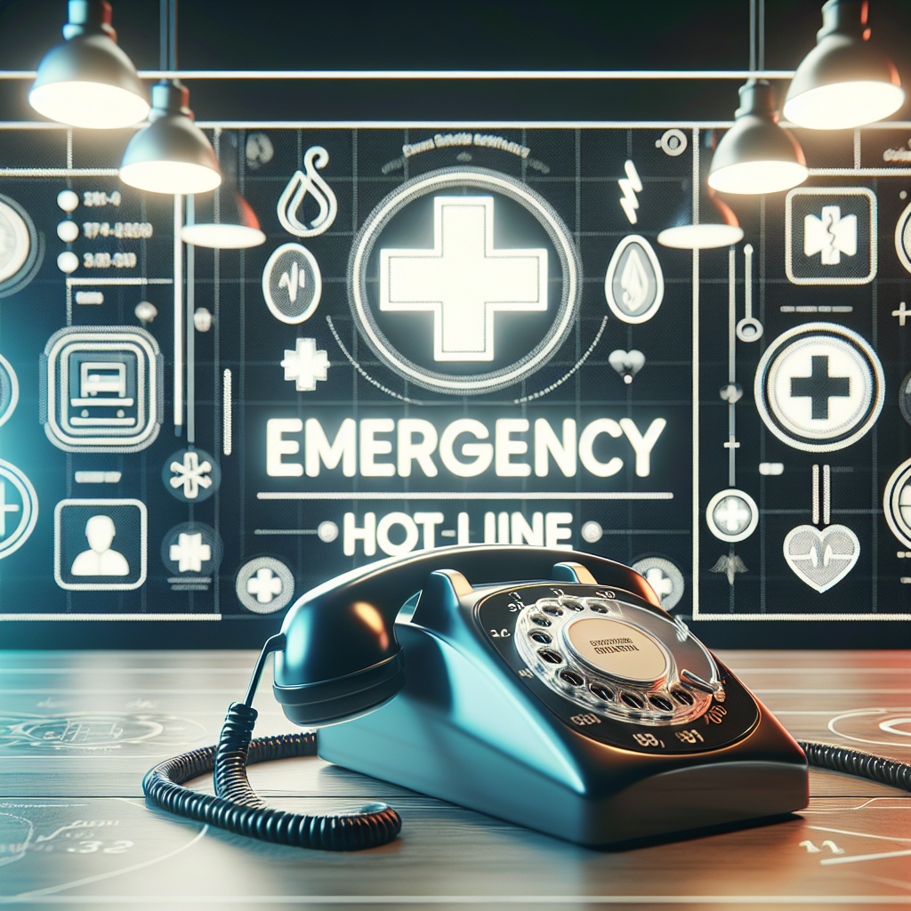 A realistic image depicting an emergency hotline with prominent phone number and emergency symbols.