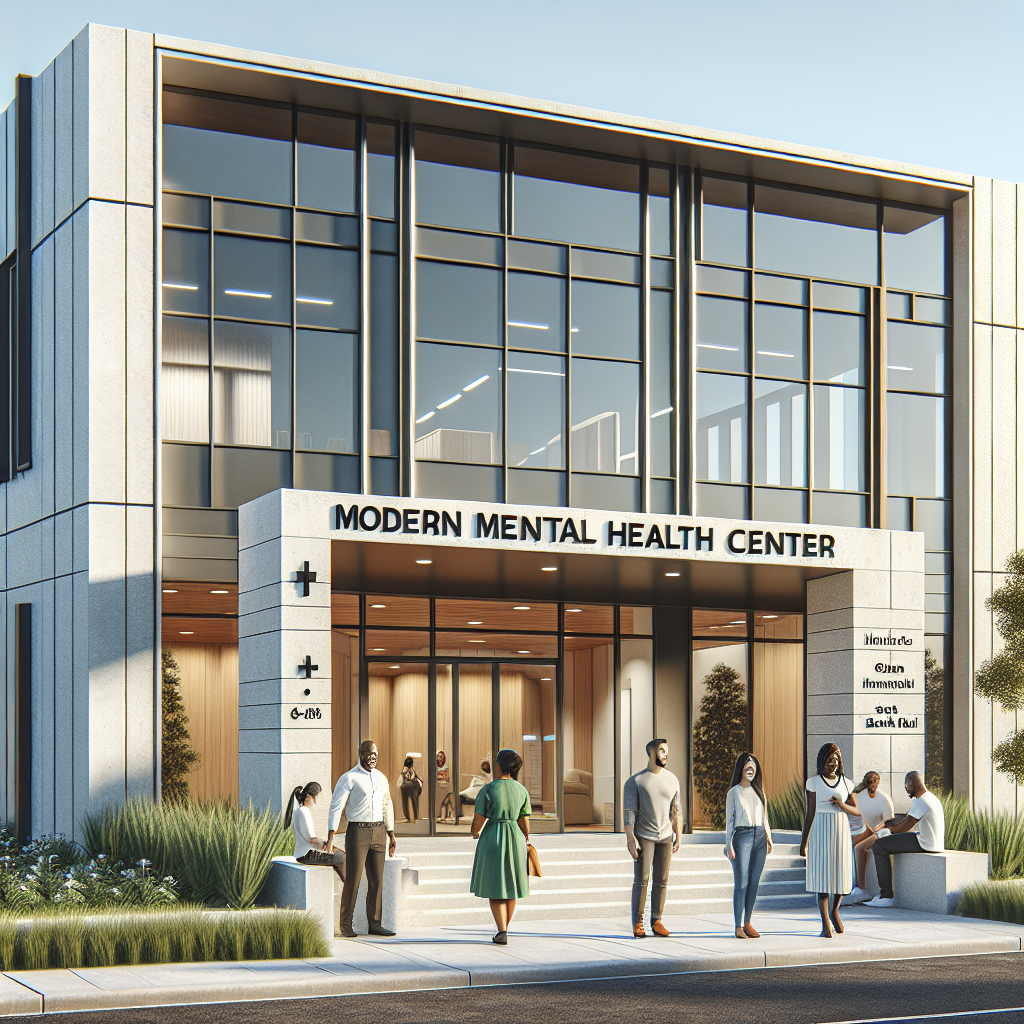 A realistic depiction of a mental health center's exterior, showcasing a modern, inviting building with a garden and diverse people engaging in positive activities.