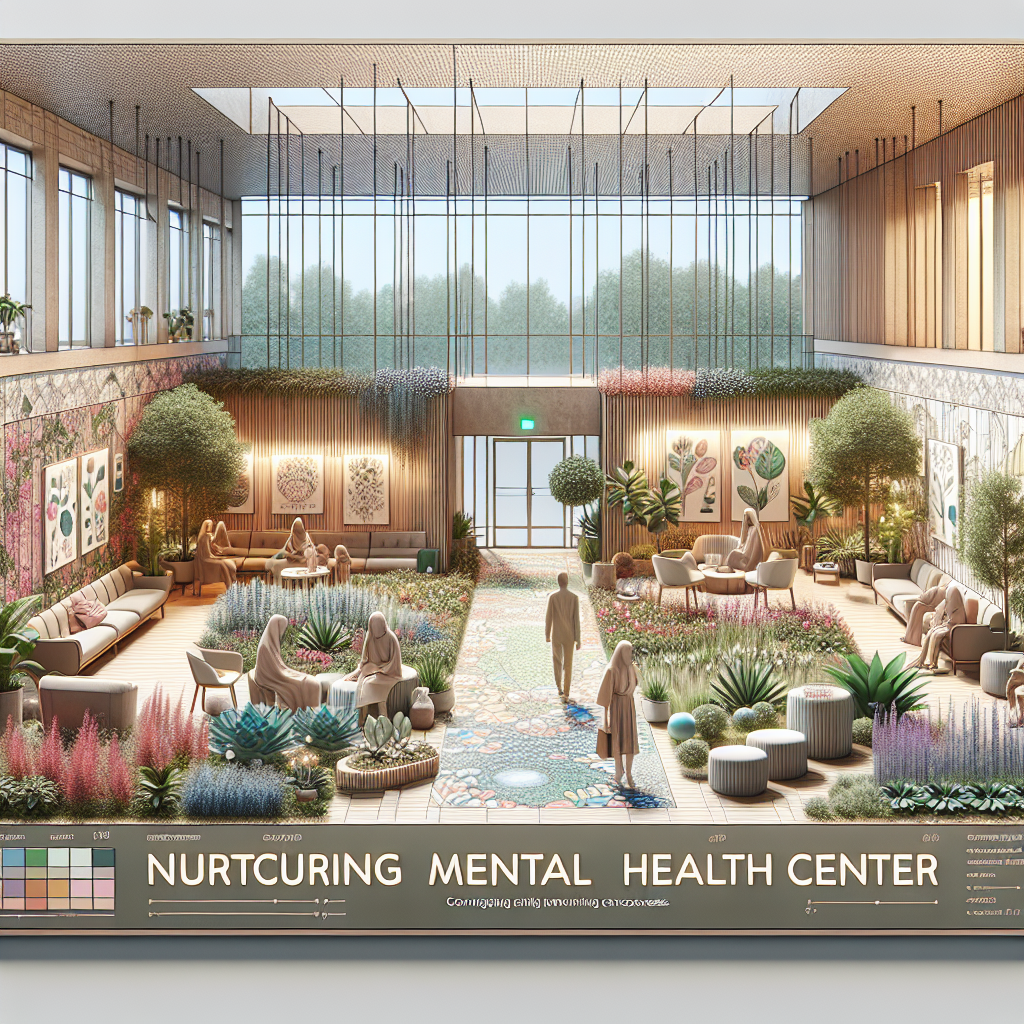 Realistic image of a welcoming mental health center with natural light, garden, and cozy interior.