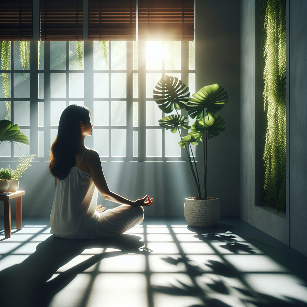 A serene scene of a person meditating in a sunlit room, conveying mental wellness.