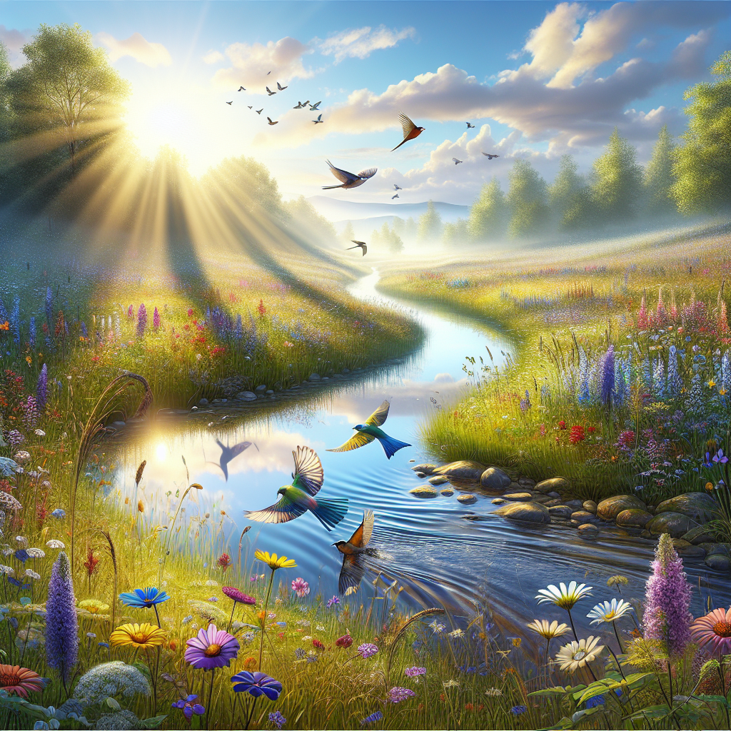 A serene meadow with a calm stream, colorful wildflowers, and various birds, evoking a sense of mental wellness.