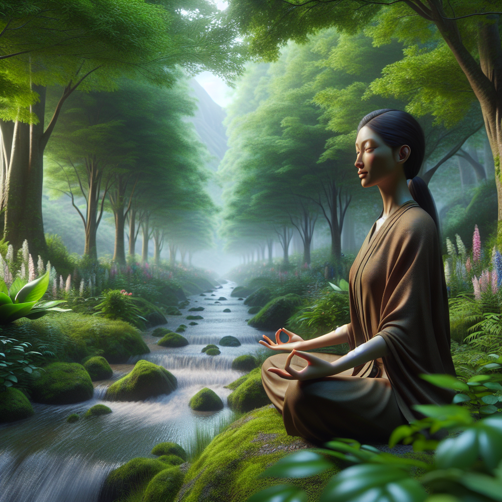 A realistic depiction of mental wellness with a person meditating in nature.