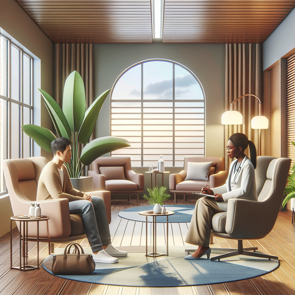 A realistic image of a mental wellness therapy session in a hospital, with a calming environment and professional interaction.