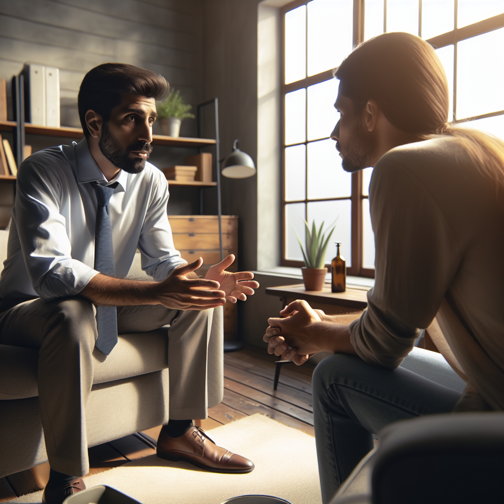 A realistic image of a drug counseling session in a cozy, modern room.