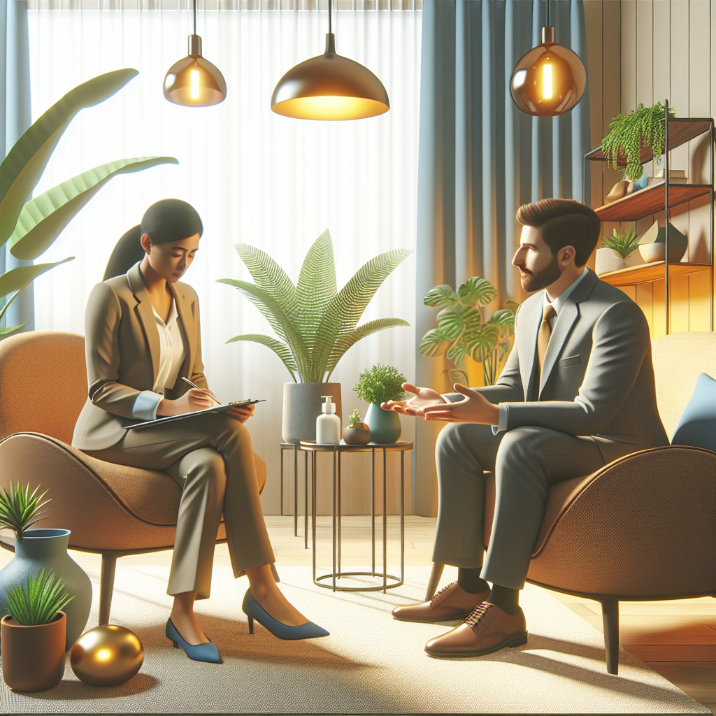 A realistic image of a drug counseling session in a comfortable, well-lit room.