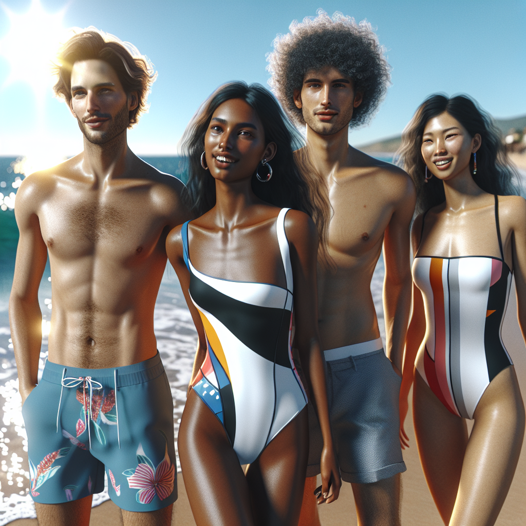 Diverse group of people in fashionable swimsuits at the beach on a sunny day.