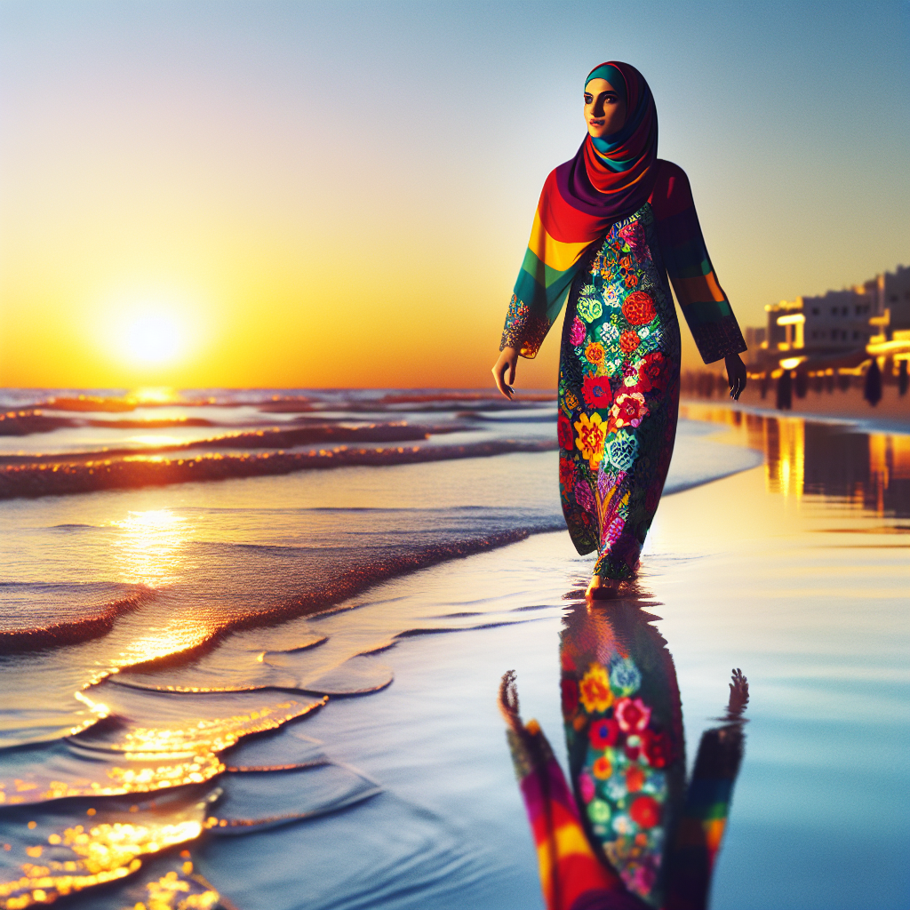 A woman in a colorful swimsuit walking on the beach at sunset.