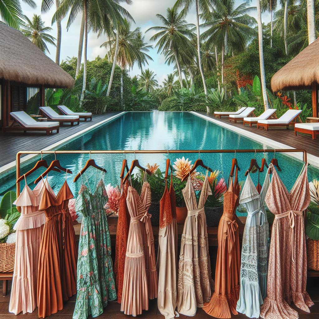 Various chic poolside dresses arranged by a pool with a tropical backdrop.