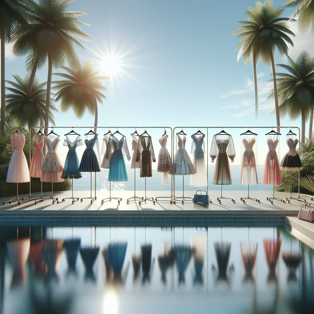 Vibrant, realistic image of chic poolside dresses arranged by a tropical pool setting.