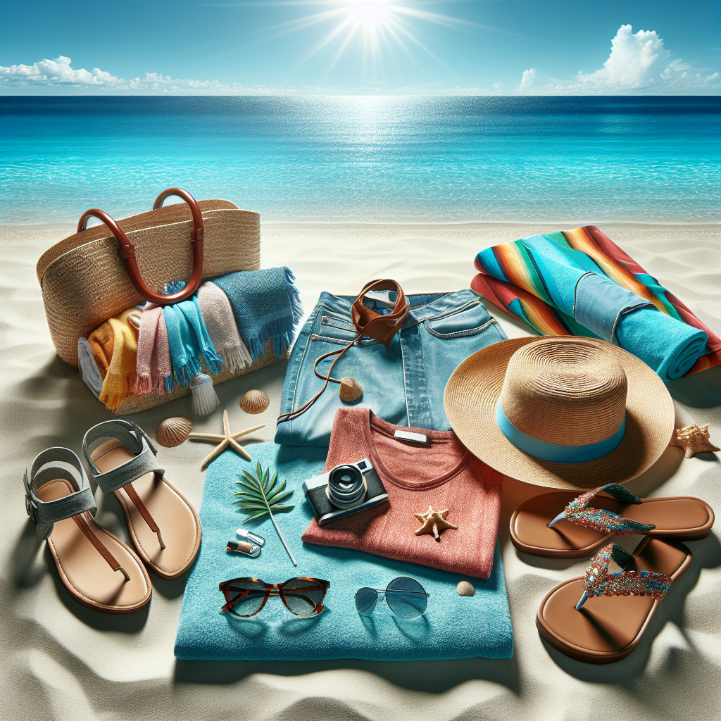 Beachwear fashion essentials arranged on white sand with the ocean in the background, styled similarly to the image from Swim-Chic.