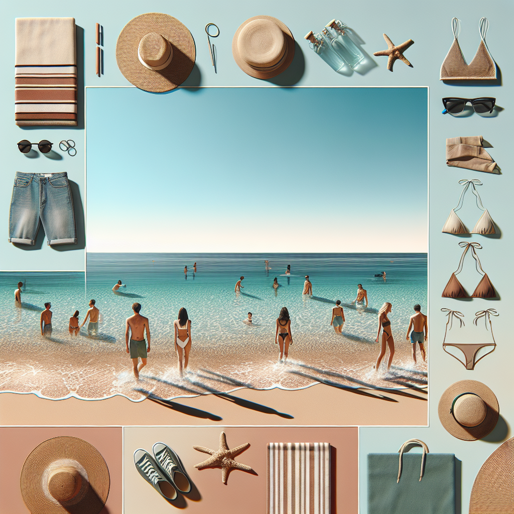 Realistic beach scene with people in stylish beachwear and beach essentials arranged on the sand.