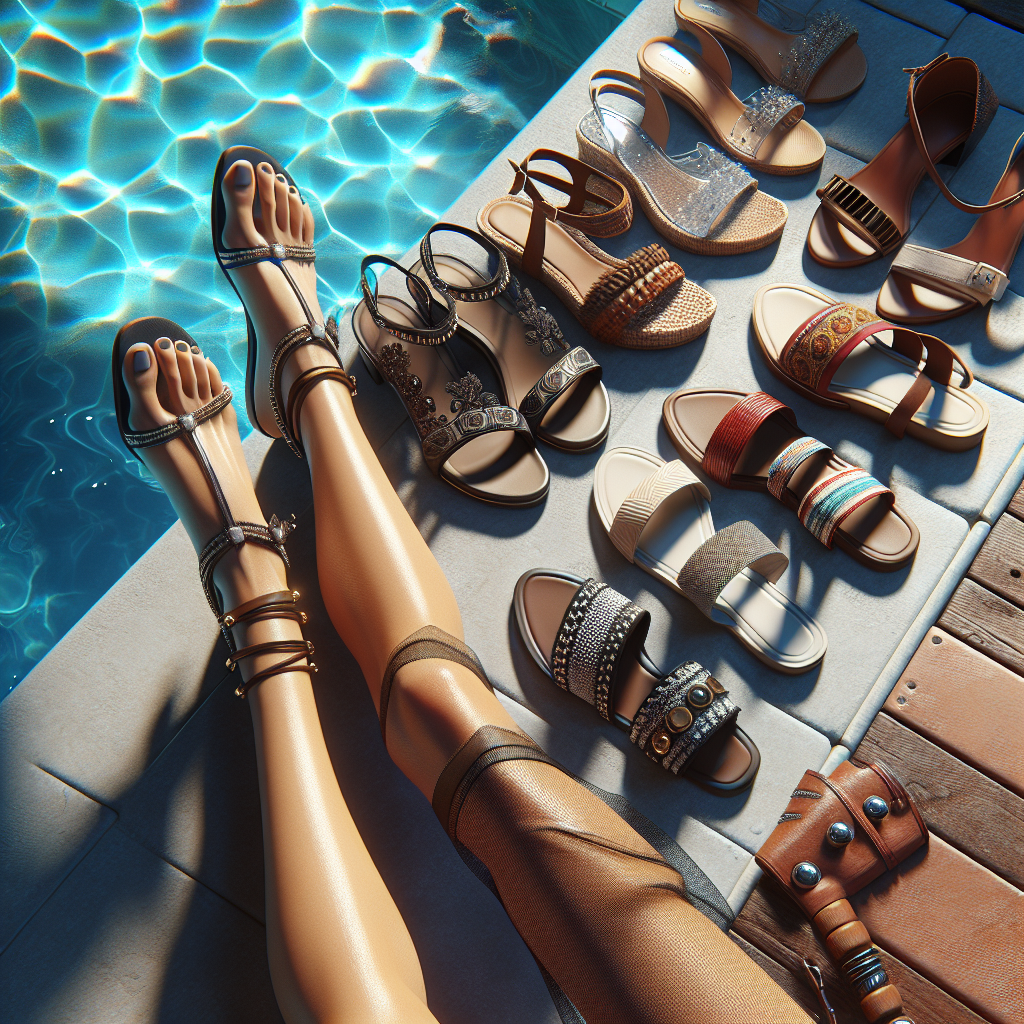 A collection of stylish poolside footwear by a luxurious pool.