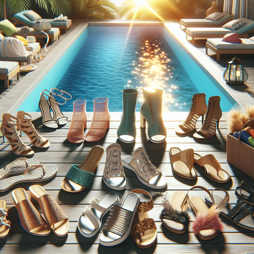 A realistic image showcasing a chic poolside footwear collection under the summer sun.