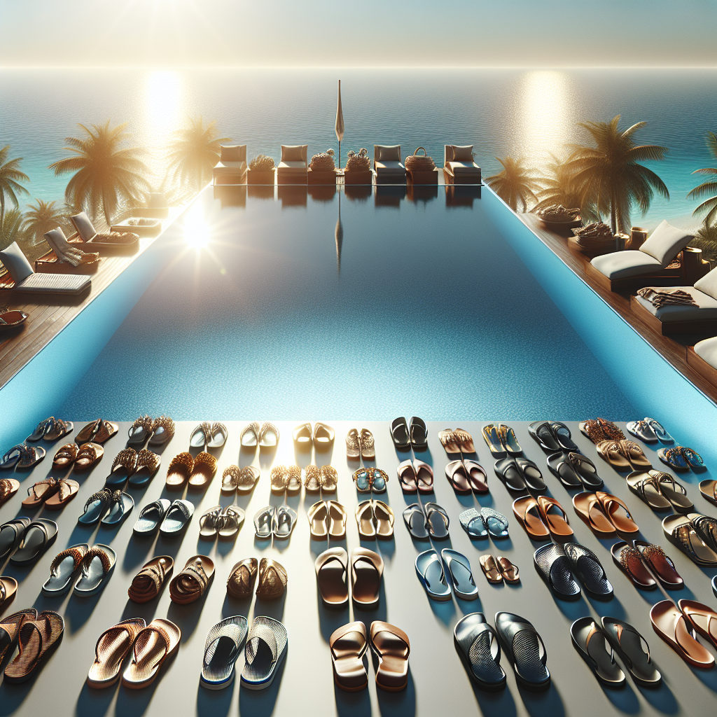 Luxurious poolside footwear collection by a sparkling swimming pool.