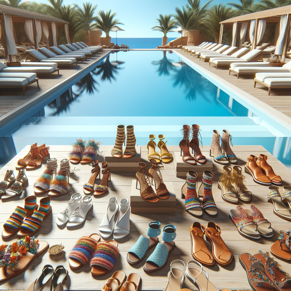 A realistic and detailed poolside footwear collection arranged luxuriously.