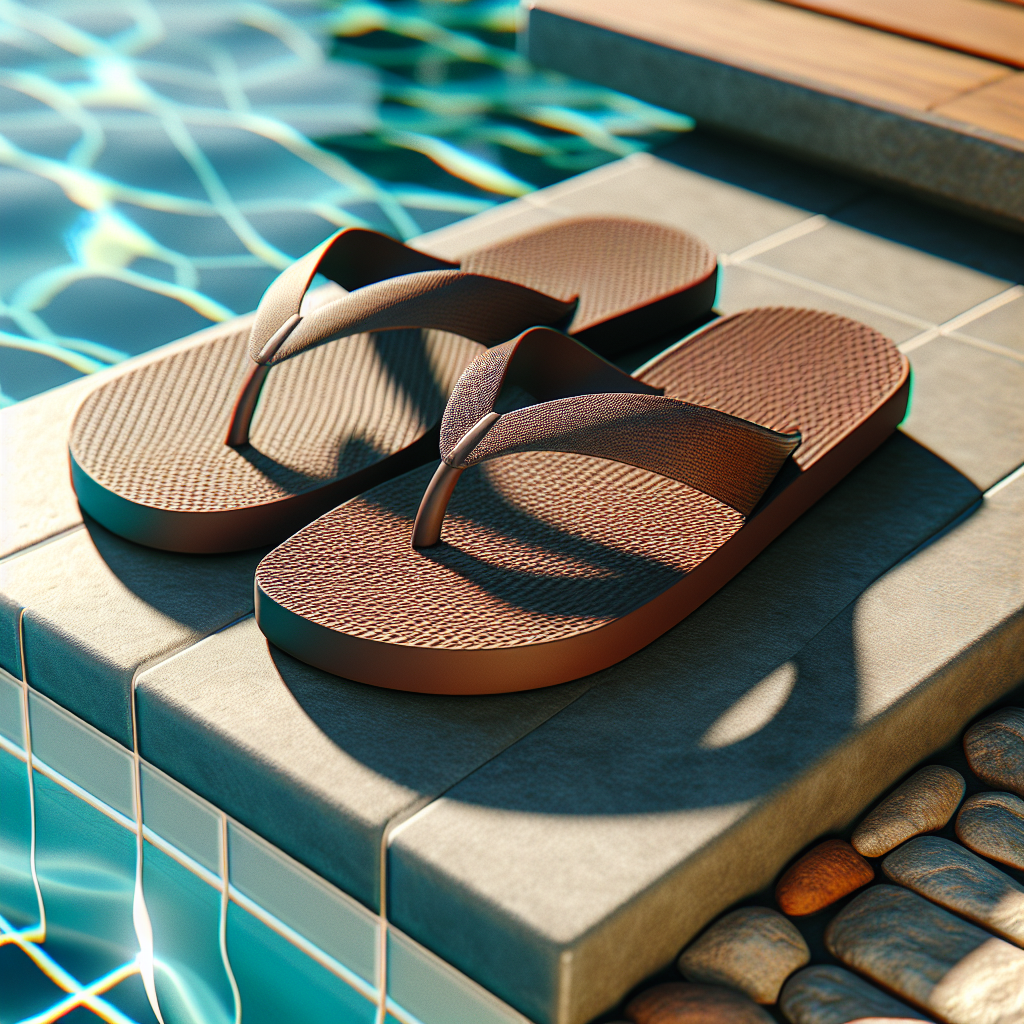 Realistic flip-flops by a summer poolside with water reflection.