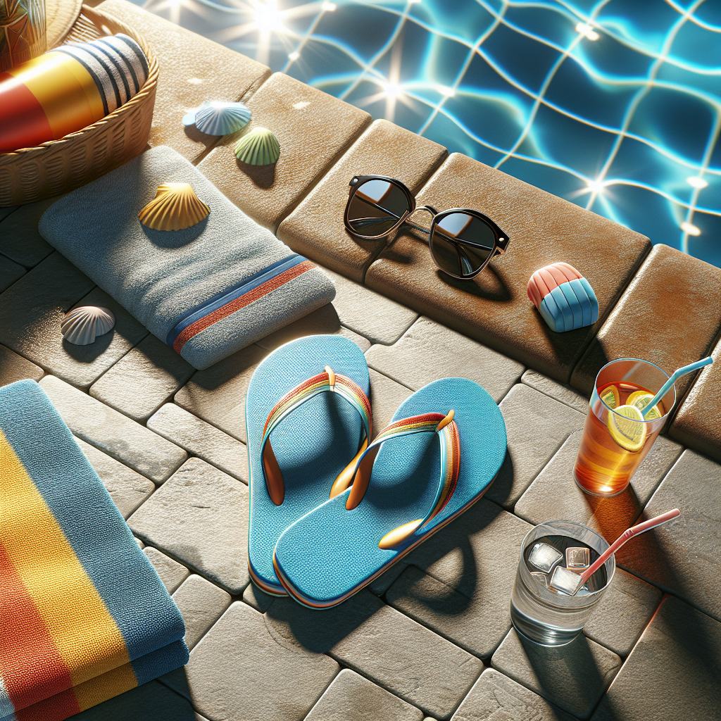 Realistic summer poolside scene with flip-flops, a pool, and sunny day accessories.