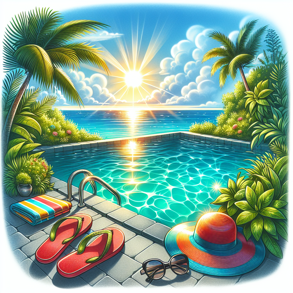 Realistic summer poolside scene with flip-flops, a sun hat, towel, sunglasses, and a pool surrounded by plants.