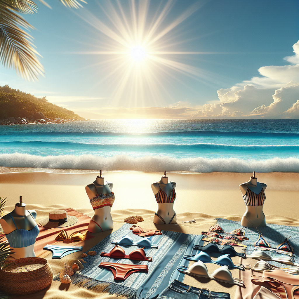 A realistic image of a fashionable beach scene with modern swimsuits, inspired by a retail banner.